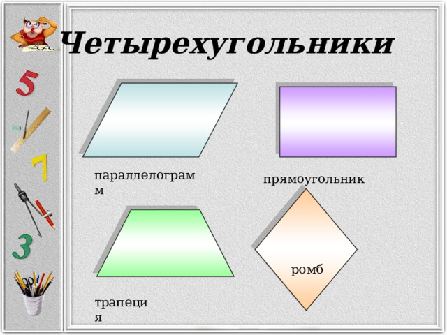 Четырехугольники  параллелограмм  прямоугольник ромб  трапеция 