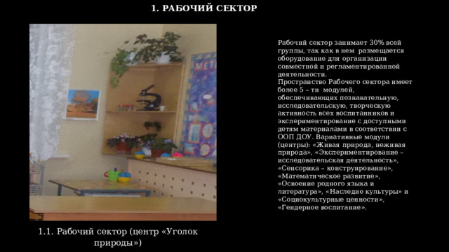 Вставка рисунка 1.1. Рабочий сектор (центр «Уголок природы») 1. РАБОЧИЙ СЕКТОР Рабочий сектор занимает 30% всей группы, так как в нем размещается оборудование для организации совместной и регламентированной деятельности. Пространство Рабочего сектора имеет более 5 – ти модулей, обеспечивающих познавательную, исследовательскую, творческую активность всех воспитанников и экспериментирование с доступными детям материалами в соответствии с ООП ДОУ. Вариативные модули (центры): «Живая природа, неживая природа», «Экспериментирование – исследовательская деятельность», «Сенсорика – конструирование», «Математическое развитие», «Освоение родного языка и литература», «Наследие культуры» и «Социокультурные ценности», «Гендерное воспитание».  