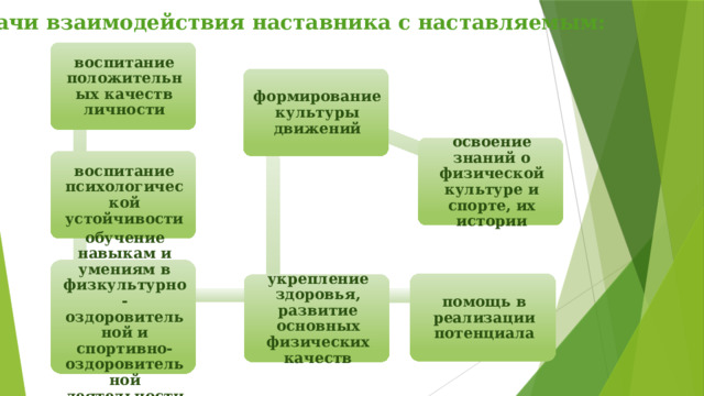 Задачи взаимодействия наставника с наставляемым: воспитание положительных качеств личности формирование культуры движений освоение знаний о физической культуре и спорте, их истории воспитание психологической устойчивости обучение навыкам и умениям в физкультурно-оздоровительной и спортивно-оздоровительной деятельности помощь в реализации потенциала укрепление здоровья, развитие основных физических качеств 