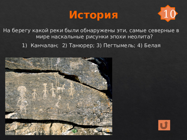 10 История На берегу какой реки были обнаружены эти, самые северные в мире наскальные рисунки эпохи неолита? 1) Канчалан; 2) Танюрер; 3) Пегтымель; 4) Белая 
