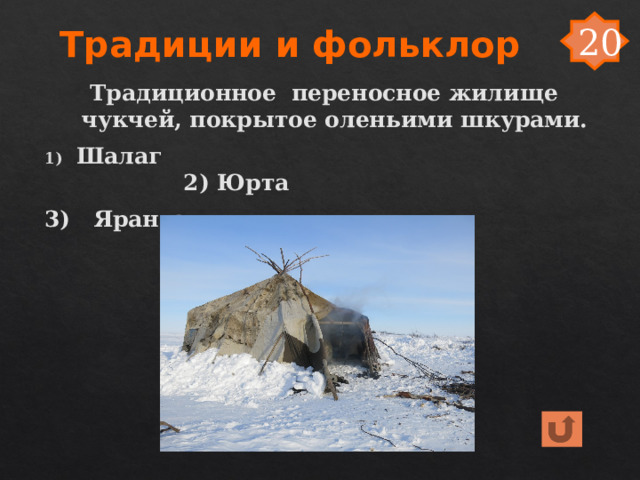 Традиции и фольклор 20 Традиционное переносное жилище чукчей, покрытое оленьими шкурами. Шалаг 2) Юрта 3) Яранга 4) Чум 