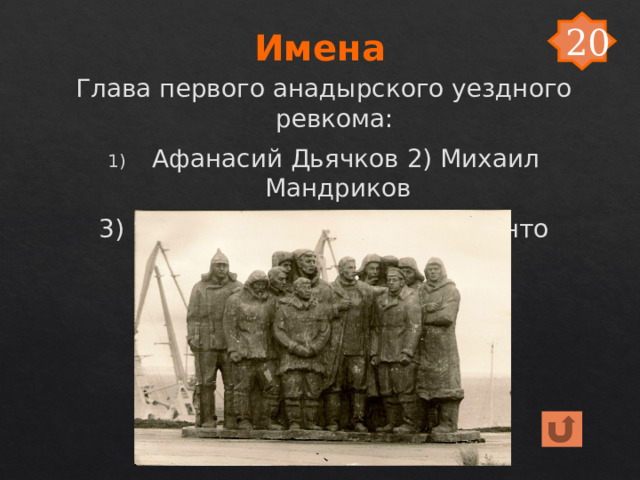 20 Имена Глава первого анадырского уездного ревкома:  Афанасий Дьячков 2) Михаил Мандриков 3) И.И. Рультытегин 4) Тевлянто 