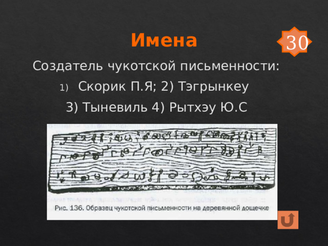 Имена 30 Создатель чукотской письменности: Скорик П.Я; 2) Тэгрынкеу 3) Тыневиль 4) Рытхэу Ю.С 