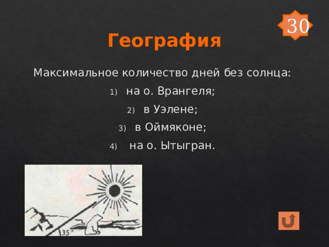 30 География Максимальное количество дней без солнца: на о. Врангеля; в Уэлене; в Оймяконе;  на о. Ытыгран. 