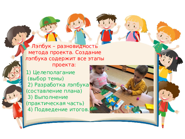 Лэпбук – разновидность метода проекта. Создание лэпбука содержит все этапы проекта:  Целеполагание  (выбор темы)  2) Разработка лэпбука (составление плана)  3) Выполнение (практическая часть)  4) Подведение итогов. 