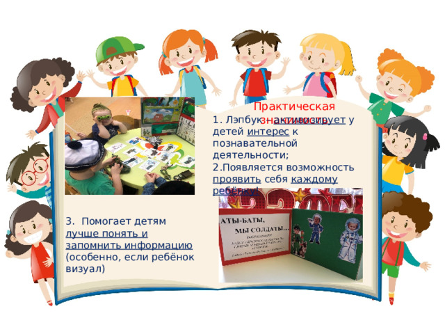 Практическая значимость 1. Лэпбук – активизирует у детей интерес к познавательной деятельности;  2.Появляется возможность проявить себя каждому ребёнку!   3. Помогает детям лучше понять и запомнить информацию (особенно, если ребёнок визуал) 