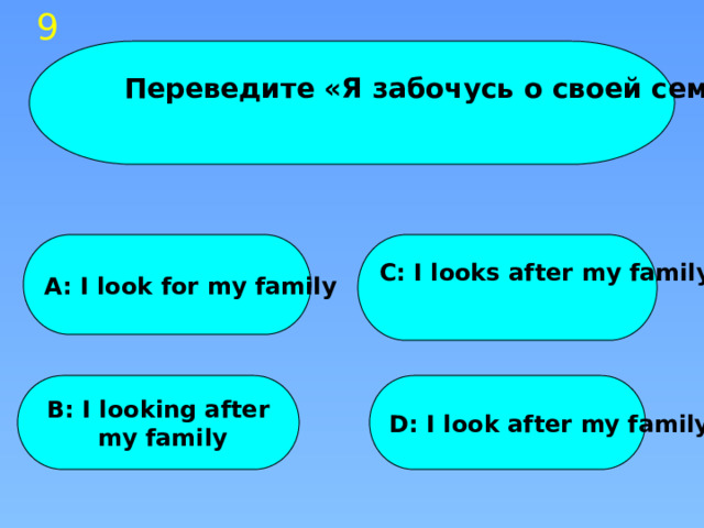 9  Переведите «Я забочусь о своей семье»  A: I look for my family C: I looks after my family  B: I looking after D: I look after my family  my family 