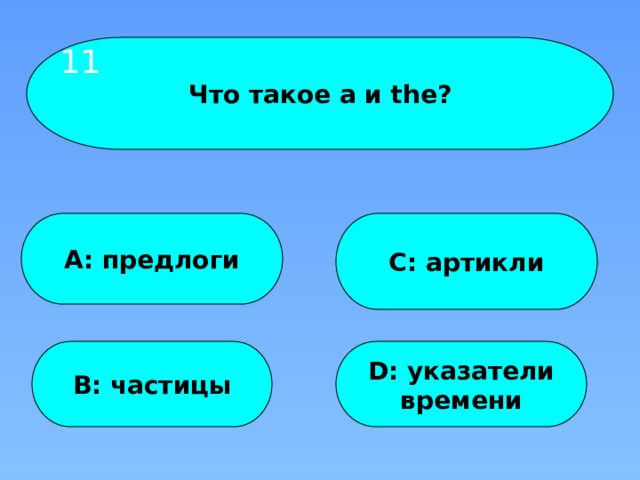 11 Что такое a и the? A: предлоги C: артикли B: частицы D: указатели времени 