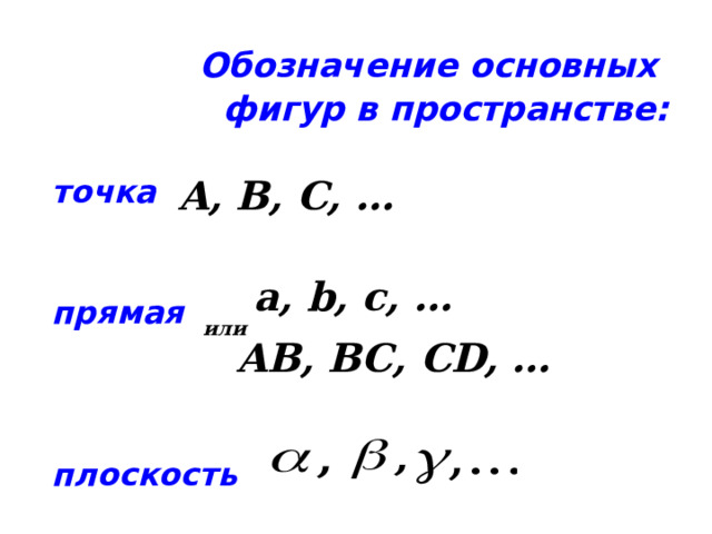 Обозначение основных фигур в пространстве:  точка   прямая    плоскость A, B, C, … a, b, c, … или AВ, BС, CD, … 