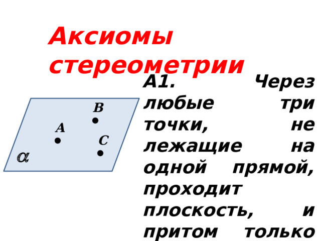Аксиомы  стереометрии А1. Через любые три точки, не лежащие на одной прямой, проходит плоскость, и притом только одна В А С  