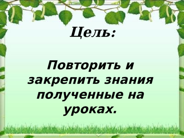 Цель: Повторить и закрепить знания полученные на уроках. 