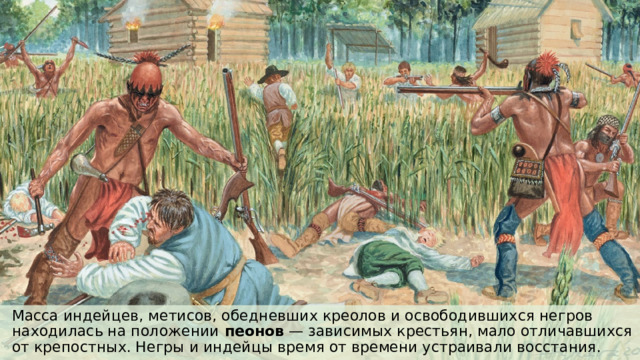 Масса индейцев, метисов, обедневших креолов и освободившихся негров находилась на положении  пеонов  — зависимых крестьян, мало отличавшихся от крепостных. Негры и индейцы время от времени устраивали восстания. 