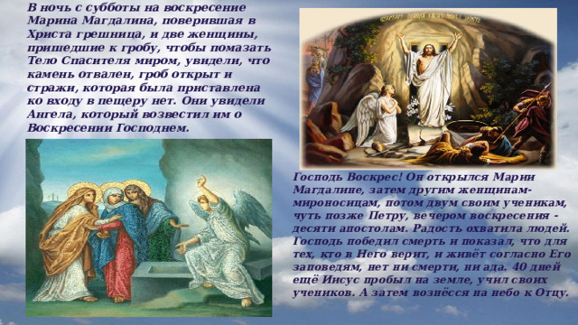 В ночь с субботы на воскресение Марина Магдалина, поверившая в Христа грешница, и две женщины, пришедшие к гробу, чтобы помазать Тело Спасителя миром, увидели, что камень отвален, гроб открыт и стражи, которая была приставлена ко входу в пещеру нет. Они увидели Ангела, который возвестил им о Воскресении Господнем. Господь Воскрес! Он открылся Марии Магдалине, затем другим женщинам-мироносицам, потом двум своим ученикам, чуть позже Петру, вечером воскресения - десяти апостолам. Радость охватила людей. Господь победил смерть и показал, что для тех, кто в Него верит, и живёт согласно Его заповедям, нет ни смерти, ни ада. 40 дней ещё Иисус пробыл на земле, учил своих учеников. А затем вознёсся на небо к Отцу. 
