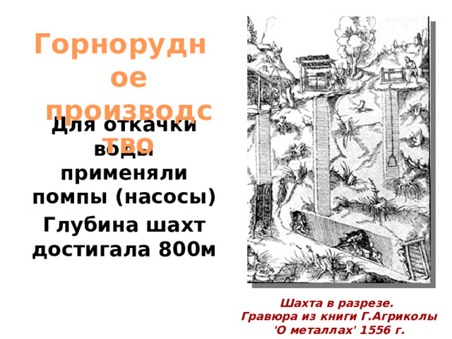 Горнорудное производство Для откачки воды применяли помпы (насосы) Глубина шахт достигала 800м Шахта в разрезе. Гравюра из книги Г.Агриколы  'О металлах' 1556 г.  