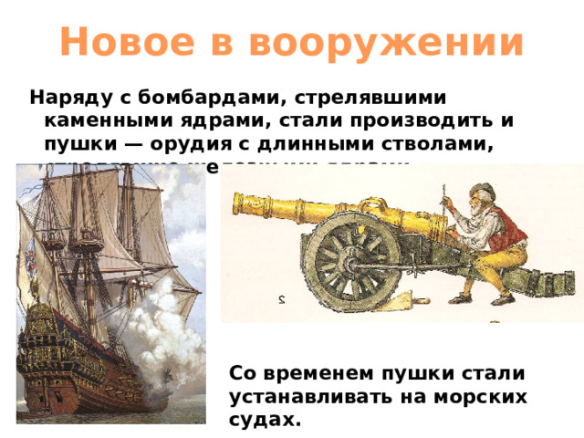Новое в вооружении   Наряду с бомбардами, стрелявшими каменными ядрами, стали производить и пушки — орудия с длинными стволами, стрелявшие железными ядрами. Со временем пушки стали устанавливать на морских судах. 
