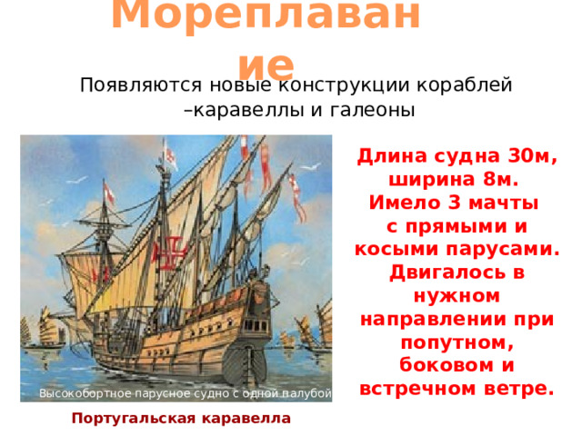 Мореплавание Появляются новые конструкции кораблей – каравеллы и галеоны Длина судна 30м, ширина 8м. Имело 3 мачты с прямыми и косыми парусами. Двигалось в нужном направлении при попутном, боковом и встречном ветре. Высокобортное парусное судно с одной палубой Португальская каравелла 