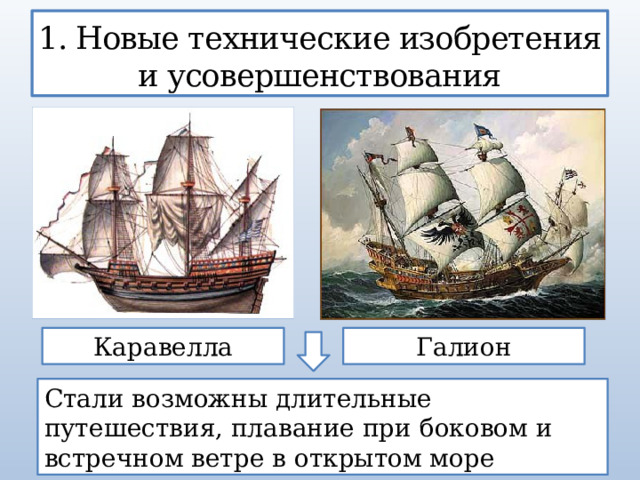 1. Новые технические изобретения и усовершенствования Каравелла Галион Стали возможны длительные путешествия, плавание при боковом и встречном ветре в открытом море 