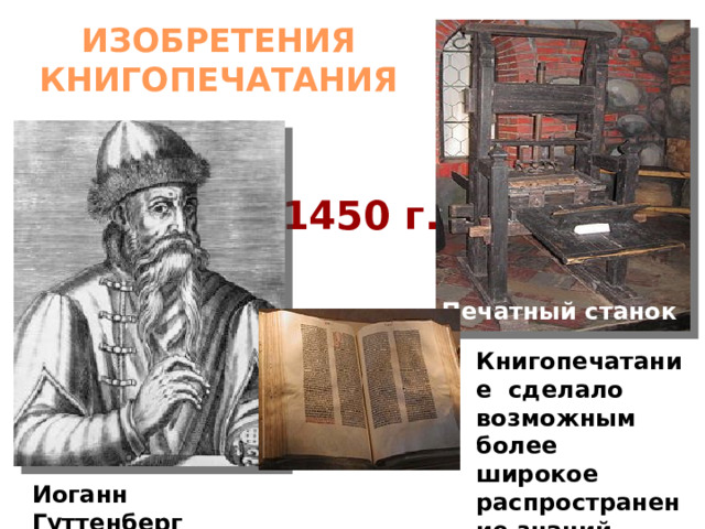 ИЗОБРЕТЕНИЯ КНИГОПЕЧАТАНИЯ 1450 г. Печатный станок Книгопечатание сделало возможным более широкое распространение знаний.  Иоганн Гуттенберг 