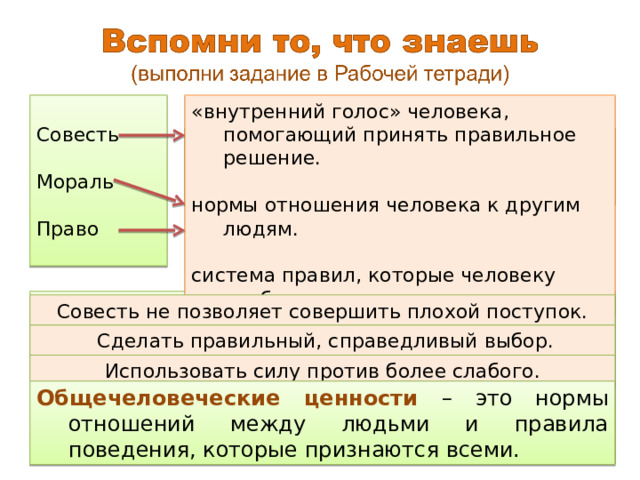 Совесть Мораль Право «внутренний голос» человека, помогающий принять правильное решение. нормы отношения человека к другим людям. система правил, которые человеку необходимо выполнять. Задание (необходимый уровень) Сформулируй своими словами определения понятий. Задание: определи смысл выражений, подчеркни то из них, которое не относится к общечеловеческим ценностям (повышенный уровень). 1. Совесть – лучший контролёр.  2. Совершить моральный выбор.  3. Использовать право сильного. Совесть не позволяет совершить плохой поступок.  Сделать правильный, справедливый выбор. Использовать силу против более слабого. Общечеловеческие ценности – это нормы отношений между людьми и правила поведения, которые признаются всеми. 