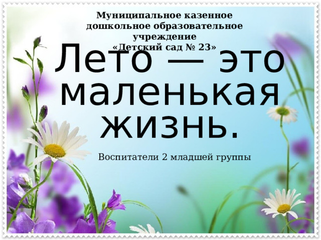 Муниципальное казенное дошкольное образовательное учреждение «Детский сад № 23» Лето — это маленькая жизнь. Воспитатели 2 младшей группы 