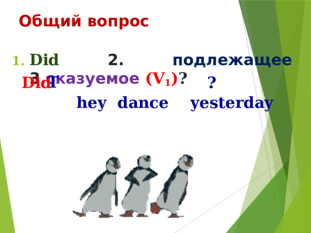 Общий вопрос Did  2. подлежащее 3. сказуемое  (V 1 ) ?  hey  dance  yesterday T ? Did . 