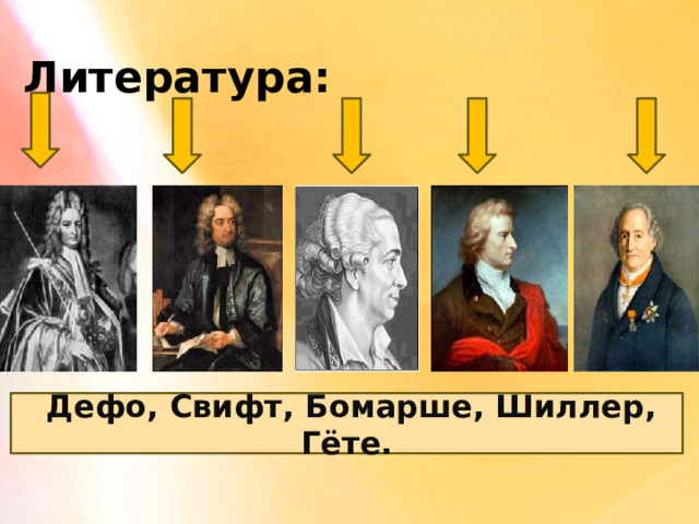 Литература:  Дефо, Свифт, Бомарше, Шиллер, Гёте. 6 