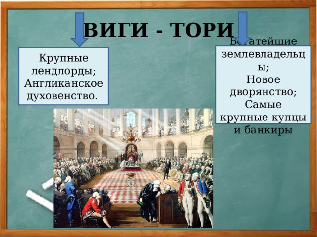ВИГИ - ТОРИ Богатейшие землевладельцы; Новое дворянство; Самые крупные купцы и банкиры Крупные лендлорды; Англиканское духовенство.  