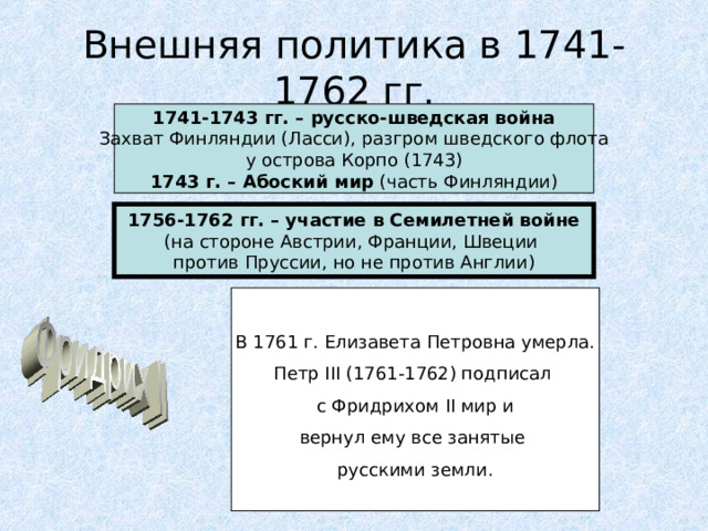 Внешняя политика в 1741-1762 гг. 1741-1743 гг. – русско-шведская война Захват Финляндии (Ласси), разгром шведского флота у острова Корпо (1743) 1743 г. – Абоский мир (часть Финляндии) 1756-1762 гг. – участие в Семилетней войне (на стороне Австрии, Франции, Швеции против Пруссии, но не против Англии) В 1761 г. Елизавета Петровна умерла. Петр III (1761-1762) подписал с Фридрихом II мир и вернул ему все занятые русскими земли. 1757 г. – Грос-Егерсдорф 1758 г. – Цорндорф 1759 г. – Кунерсдорф 1760 г. – Берлин 1761 г. – Кольберг  