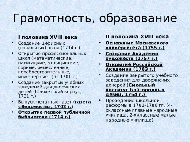 Грамотность, образование  II половина XVIII века Основание Московского университета (1755 г.) Создание Академии художеств (1757 г.) Открытие Российской Академии (1783 г.) Создание закрытого учебного заведения для дворянских дочерей ( Смольный институт благородных девиц, 1764 г.) Проведение школьной реформы в 1782-1786 гг. (4-хклассные главные народные училища, 2-хклассные малые народные училища)  I половина XVIII века Создание цифирных (начальных) школ (1714 г.). Открытие профессиональных школ (математические, навигацкие, медицинские, горные, ремесленные, кораблестроительные, инженерные…) (с 1701 г.) Создание закрытых учебных заведений для дворянских детей (Шляхетский корпус, 1731 г.) Выпуск печатных газет ( газета «Ведомости», 1702 г. ) Открытие первой публичной библиотеки (1714 г.) 