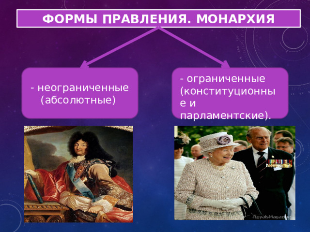 ФОРМЫ ПРАВЛЕНИЯ. МОНАРХИЯ - неограниченные (абсолютные) - ограниченные (конституционные и парламентские). 