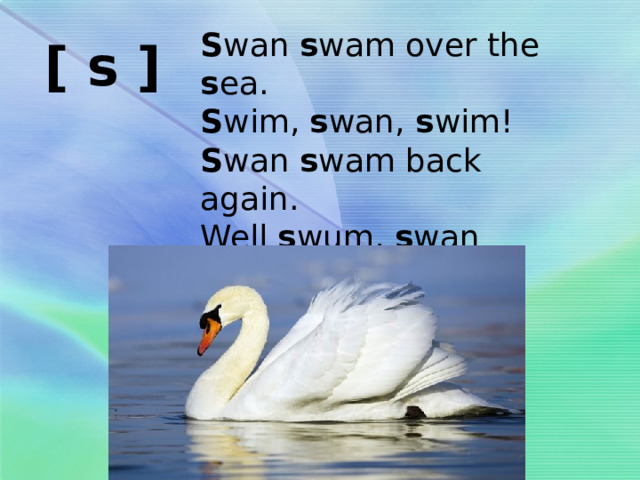 S wan s wam over the s ea. S wim, s wan, s wim! S wan s wam back again. Well s wum, s wan [ s ] 