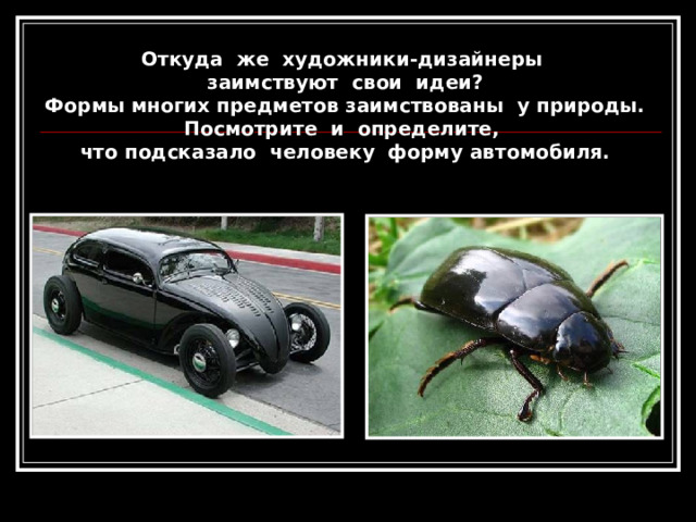 Откуда же художники-дизайнеры заимствуют свои идеи? Формы многих предметов заимствованы у природы. Посмотрите и определите, что подсказало человеку форму автомобиля.  
