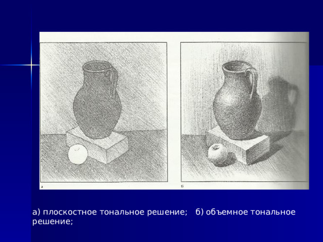 а) плоскостное тональное решение; б) объемное тональное решение; 