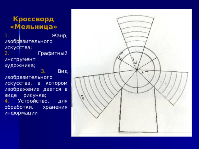 Кроссворд «Мельница» 1. Жанр, изобразительного  искусства; 2. Графитный инструмент художника; 3. Вид изобразительного искусства, в котором изображение дается в виде рисунка; 4. Устройство, для обработки, хранения информации 