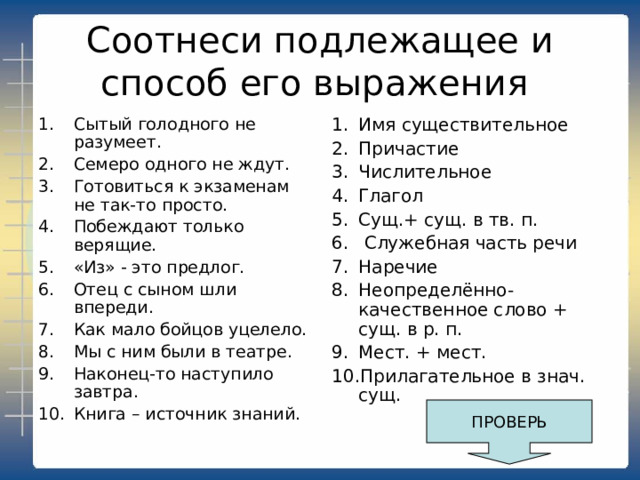 Чтобы выполнить задание, нужно: Вспомнить сведения о главных членах предложения. Знать способы их выражения. 