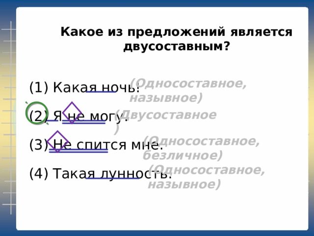 Какое из приведённых ниже предложений является односоставным? Кривые переулки Арбата были засыпаны снегом. (А. Толстой.) Юная жена с утра до вечера — в лаборатории... (В. Токарева.) Там на неведомых дорожках — следы невиданных зверей . (А. Пушкин.)  Ведут коней на водопой (М. Лермонтов). (Двусоставное, неполное) (Двусоставное, неполное) 