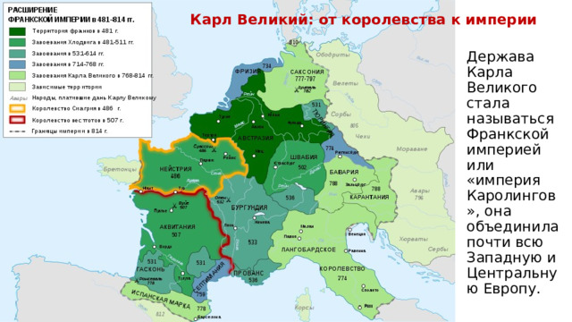 Карл Великий: от королевства к империи Держава Карла Великого стала называться Франкской империей или «империя Каролингов», она объединила почти всю Западную и Центральную Европу.  