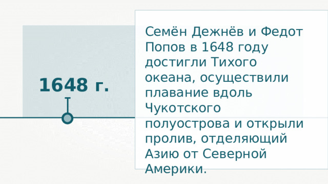 Семён Дежнёв и Федот Попов в 1648 году достигли Тихого океана, осуществили плавание вдоль Чукотского полуострова и открыли пролив, отделяющий Азию от Северной Америки. 1648 г. 