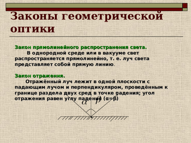 Законы геометрической оптики Закон прямолинейного распространения света.  В однородной среде или в вакууме свет распространяется прямолинейно, т. е. луч света представляет собой прямую линию . Закон отражения.  Отражённый луч лежит в одной плоскости с падающим лучом и перпендикуляром, проведённым к границе раздела двух сред в точке падения; угол отражения равен углу падения ( α = β )  