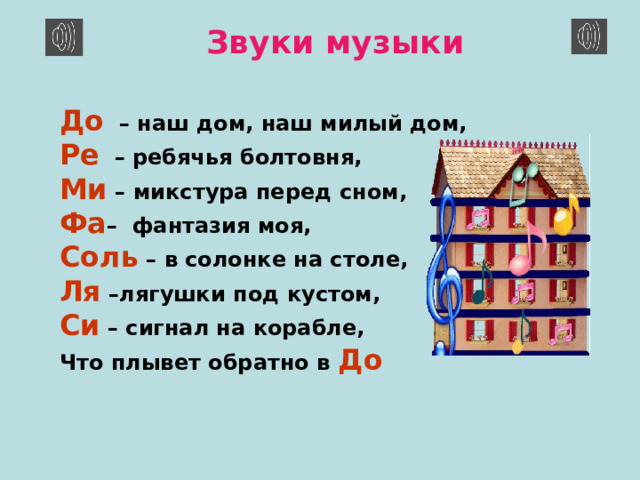 Звуки музыки До  – наш дом, наш милый дом, Ре – ребячья болтовня, Ми  – микстура перед сном, Фа – фантазия моя, Соль – в солонке на столе, Ля  –лягушки под кустом, Си  – сигнал на корабле, Что плывет обратно в До 