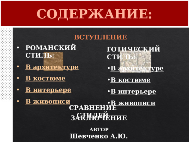 СОДЕРЖАНИЕ: ВСТУПЛЕНИЕ РОМАНСКИЙ СТИЛЬ: В архитектуре В костюме В интерьере В живописи ГОТИЧЕСКИЙ СТИЛЬ: В архитектуре В костюме В интерьере В живописи  СРАВНЕНИЕ СТИЛЕЙ ЗАКЛЮЧЕНИЕ АВТОР Шевченко А.Ю. 