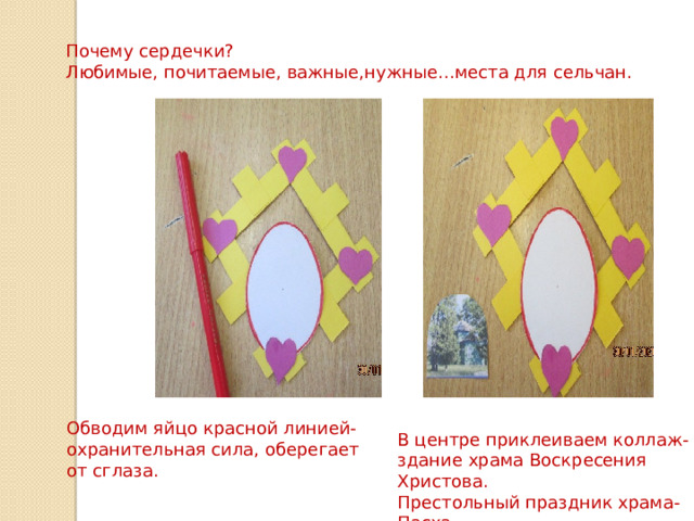 Почему сердечки? Любимые, почитаемые, важные,нужные…места для сельчан. Обводим яйцо красной линией- охранительная сила, оберегает от сглаза. В центре приклеиваем коллаж- здание храма Воскресения Христова. Престольный праздник храма-Пасха . 