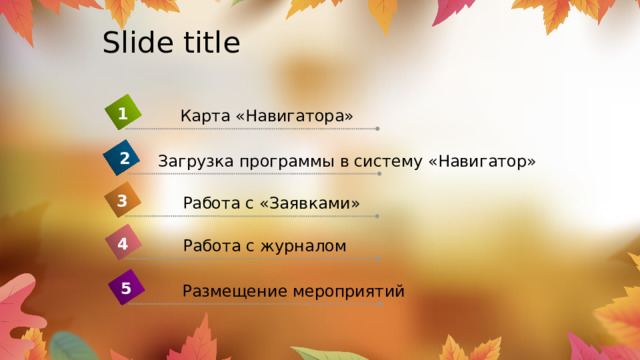 Slide title 1 Карта «Навигатора» 2 Загрузка программы в систему «Навигатор» 3 Работа с «Заявками» 4 Работа с журналом 5 Размещение мероприятий 