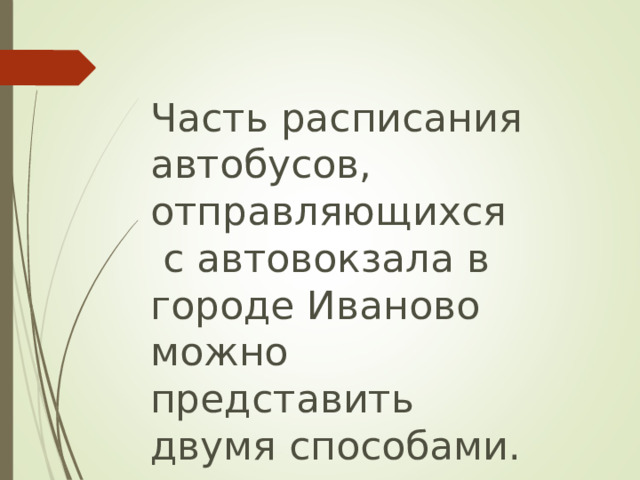 Часть расписания автобусов, отправляющихся  с автовокзала в городе Иваново можно представить двумя способами. 