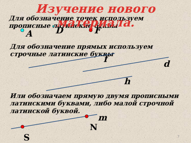 Изучение нового материала. Для обозначение точек используем прописные латинские буквы F D A Для обозначение прямых используем строчные латинские буквы f d h Или обозначаем прямую двумя прописными латинскими буквами, либо малой строчной латинской буквой. m N S 7 7 