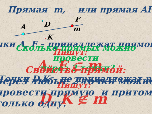 Прямая m, или прямая AF F D A m K Точки A, F – принадлежат прямой m Сколько прямых можно провести  через 2 точки? Пишут: A, F  m Свойство прямой:  через любые 2 точки можно  провести прямую и притом  только одну. Точки D,K – не принадлежат m Пишут: D, K  m 8 