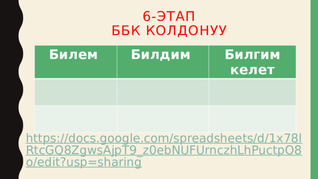6-этап  ББК колдонуу Билем Билдим Билгим келет https://docs.google.com/spreadsheets/d/1x78lRtcGQ8ZgwsAjpT9_z0ebNUFUrnczhLhPuctpO8o/edit?usp=sharing 