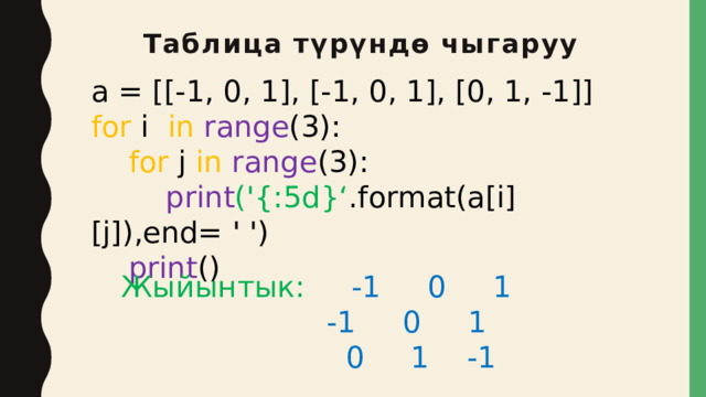 Таблица түрүндө чыгаруу a = [[-1, 0, 1], [-1, 0, 1], [0, 1, -1]] for i in  range (3):  for j in  range (3):  print ('{:5d}‘ .format(a[i][j]),end= ' ')  print () Жыйынтык:   -1 0 1         -1 0 1         0 1 -1 