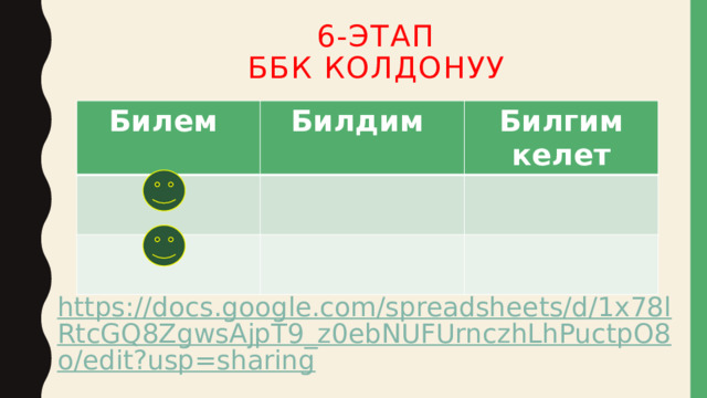 6-этап  ББК колдонуу Билем Билдим Билгим келет https://docs.google.com/spreadsheets/d/1x78lRtcGQ8ZgwsAjpT9_z0ebNUFUrnczhLhPuctpO8o/edit?usp=sharing 