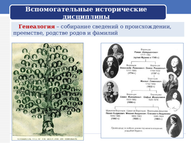 Вспомогательные исторические дисциплины  Генеалогия – собирание сведений о происхождении, преемстве, родстве родов и фамилий 